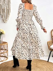 SHEIN VCAY Vacation Woven Print Squared Collar Long Sleeve Fitted Dress For Women