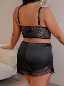 2pcs/Set Plus Size Women Fashion Lace Patchwork Lingerie Bra And Panty Set With Metal Rim - Black - View 2