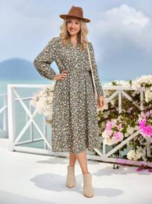 SHEIN LUNE Vestido casual de manga larga con estampado floral de margaritas talla grande, vestido midi para fiestas y vacaciones