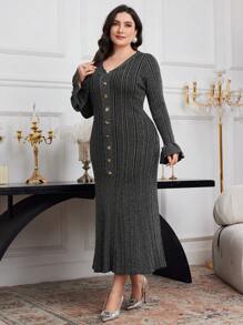 Modelyn Plus Size Elegant Striped Flared Sleeve Fishtail Sweater Dress, Autumn/Winter - Black - View 7