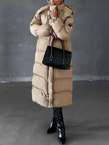EURMUSE Hooded Relaxed Longline Padded Coat, Make You Feel Warm And Fashionable In Snowy Day - Coffee Brown - View 7