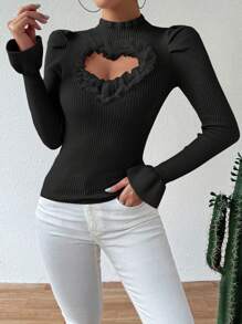 Chiquease Casual Solid Color Hollow Out Heart Design Flared Sleeve Fitted Sweater, Autumn/Winter - Black - View 6