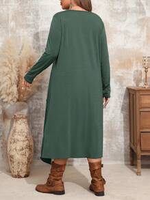 EMERY ROSE 大码休闲圆领长袖时尚舒适秋季圣诞连衣裙，女士冬装 - 墨綠色 - 查看 2
