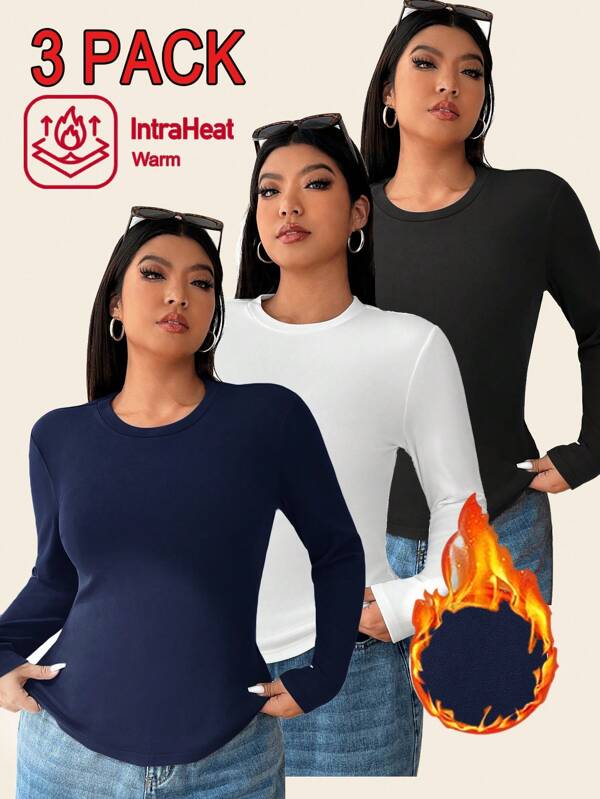 Solflare Set de 3 camisetas térmicas de manga larga con ajuste ceñido de terciopelo para mujer de talla grande, multicolor