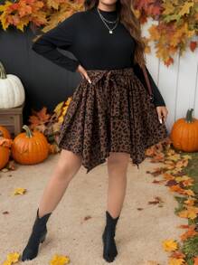 SHEIN LUNE Plus Size Women Casual Patchwork Leopard Print Asymmetrical Hem Dress, Autumn/Winter Thanksgiving Outfit Holiday Outfit
