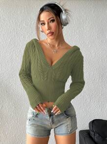 Lunelith SHEIN Lunessa Damski sweter z kapturem i długim rękawem w jednolitym kolorze, z wzorem kablowym