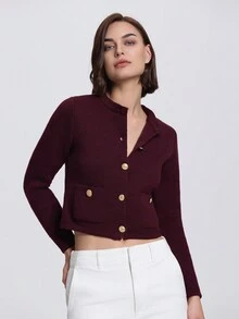 休闲前扣双口袋开衫，适合秋季 - 酒紅色 - 查看 5