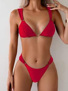 Bonvoyette Bộ đồ bơi bikini 2 mảnh màu trơn gợi cảm đi biển mùa hè cho nữ - Đỏ - Xem 3