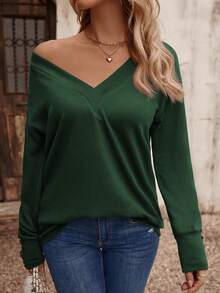 SHEIN LUNE Áo thun tay dài cổ chữ V, đơn giản & thời trang, mặc thường ngày - Màu xanh lá cây đậm - Xem 3