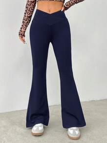 SHEIN PETITE Pantalones acampanados de cintura alta en unicolor simple