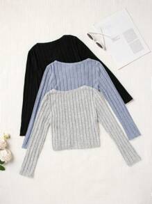 SHEIN Leap Crew 3pcs/Set Tween Girls' Solid Color Square Neck Fitted Casual Long Sleeve Tops - Baby Blue - View 2