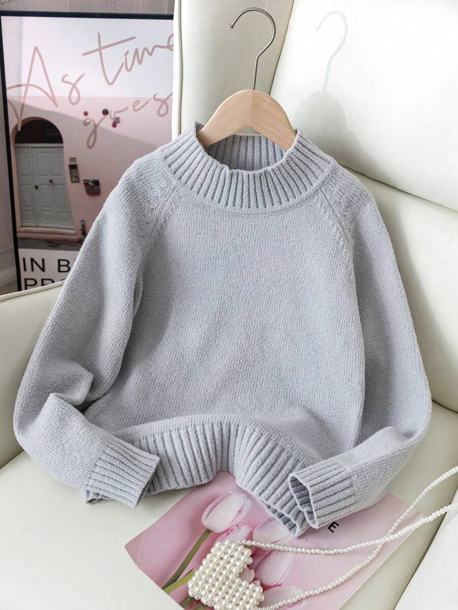 Tween Girl 宽松立领毛衣，浅灰色百搭款式，百搭柔软面料，秋冬季必备