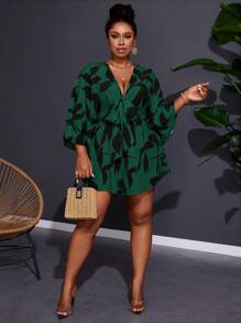 Slaydiva 大码女式假日休闲 V 领宽松印花连体裤，配系带腰带，适合夏季 - 墨綠色 - 查看 5