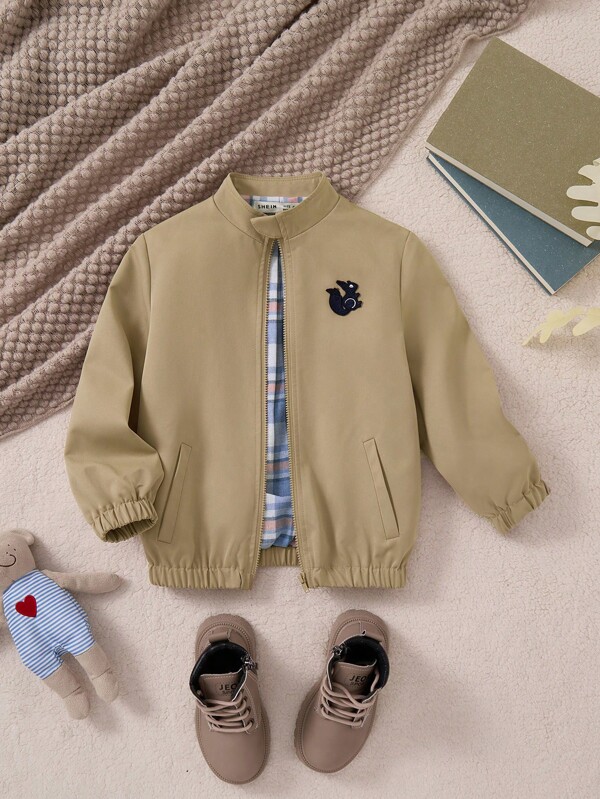 PrepCrw Young Boys Khaki Ground Squirrel Jacquard Knit Zip Front Collegiate Style Jacket For Spring And Autumn