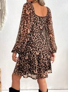 SHEIN VCAY Váy tay đèn lồng họa tiết da báo giản dị, Váy dài tay - màu nâu - Xem 2