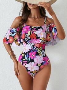 花卉印花露肩连体泳衣，春夏热销商品 - 彩色 - 查看 5