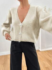 EURMUSE Women Rhinestone Flower Button Detailed Soft Touch Elegant Chick Cardigan - Cream - View 4
