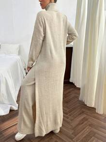 EURMUSE Women Solid Color Rib Knit Turtleneck Slit Detailed Long Sweater Dress & Sweater Pants Set - Beige - View 3