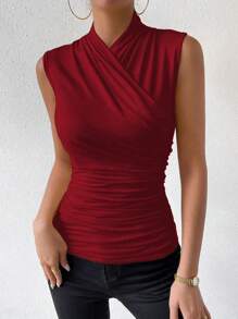RosyDaze Camiseta ajustada minimalista y casual de color liso con pliegues envolventes para ropa de Año Nuevo