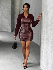 Slaydiva Vestido mini de mujer 2 en 1 de camisa de parchwork de PU de alta gama estilo calle sexy