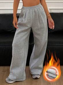 DAZY Quần ống rộng lót nhiệt màu trơn dáng rộng có cạp chun cho nữ - Xám - Xem 1