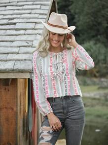 LanaWest Women's Casual Striped Pattern Tie-Front Bow Design Blouse, Autumn/Winter Peplum Top - Multicolor - View 5