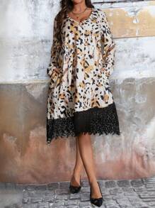 SHEIN LUNE Vestido de manga larga con cuello en V, estampado de leopardo y parches de encaje, para primavera/otoño