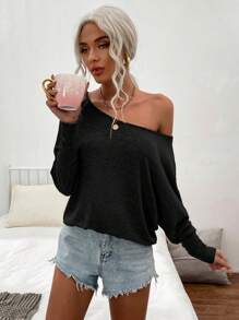 Opuloom Solid Color Asymmetric Neckline Casual Long Sleeve T-Shirt Fall Cloth For Women - Black - View 6