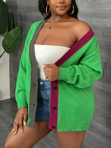 Slaydiva Basic Contrast Color Fit Long Sleeve Knit Cardigan For Women, Plus Size, Casual & Home Wear, Autumn/Winter