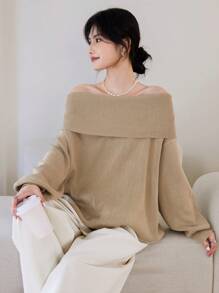 DAZY Oversize Off-Shoulder Knitted Sweater Top, Unique Design Long Sleeve Casual Pullover For Women Off Shoulder Sweater,Fall Clothes - Camel - View 5