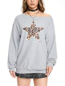 ROMWE Grunge Punk Oblique Shoulder Leopard Print & Star Graphic Loose Fit Cotton Blend Sweatshirt For Women - Grey - View 5
