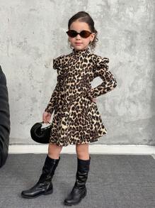 SHEIN 年轻女孩豹纹长袖荷叶边下摆毛衣裙，适合日常休闲穿着，秋季 - 棕色 - 查看 5