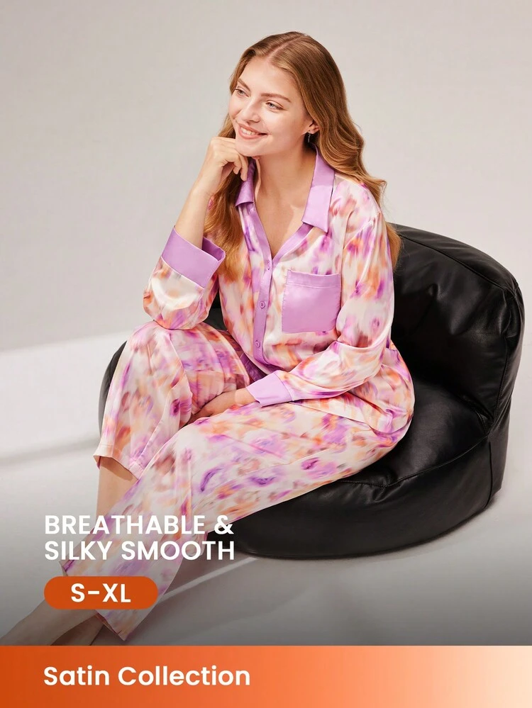 Satin Paisley Button-Up PJ & Lounge Set