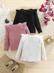 SHEIN Leap Crew 3pcs/Set Baby Girls Cute Knitted Waffle Top With Ruffle Trim Long Sleeve, Autumn/Winter - Multicolor - View 8
