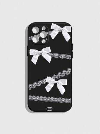 Kawaii Funda de teléfono de silicona negra con lazo de encaje y estampado, compatible con iPhone 13 Pro Max, XR, 7/8 Plus, 12, adecuada para hombres y mujeres