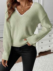 SHEIN LUNE V-hals kant patchwork strik decor casual all-match lange mouw pullover trui
