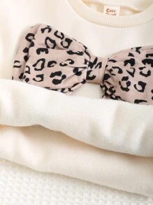 Cozy Pixies 2 pezzi/set Felpa girocollo a maniche lunghe con decorazione fiocco e stampa leopardata e pantaloni a vita elastica tinta unita, per ragazze, autunno/inverno
