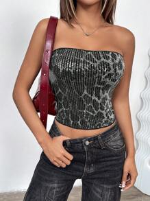 SHEIN EZwear Top de réservoir ajusté en tricot pailleté pour femmes - Gris - Voir 1