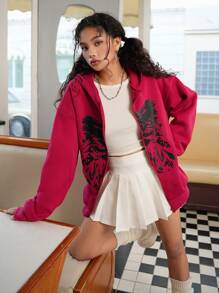 SHEIN Explorewe 2024年少女休闲街头时尚暗黑圣诞蝴蝶骷髅印花卫衣外套 - 酒紅色 - 查看 3