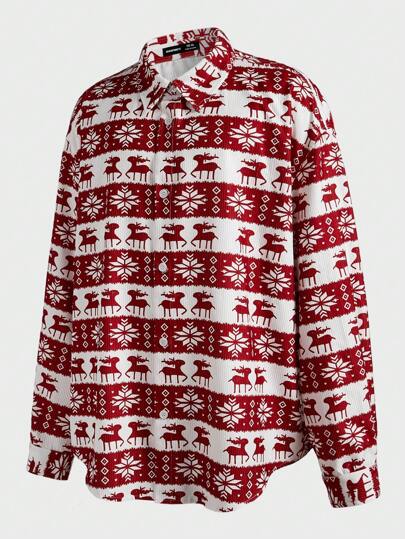 Manfinity VCAY 大码男士宽松织机针织驯鹿和雪花趣味图案彩色印花圣诞长袖灯芯绒衬衫，适合度假