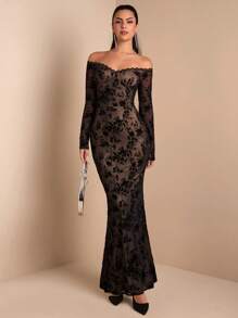 SHEIN BAE Bộ đồ bó sát bodycon dệt kim co giãn dự tiệc thanh lịch dành cho nữ có sọc nhung, váy dài tay màu đen sang trọng - màu đen - Xem 4