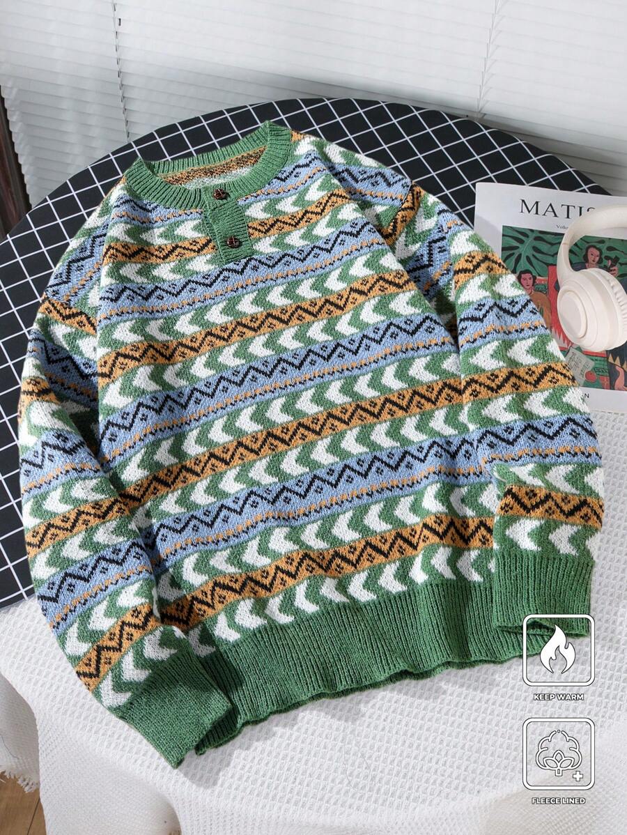 Claim Dot Men's Allover Print Button Crew Neck Casual Versatile Long Sleeve Pullover Sweater - Green - View 1