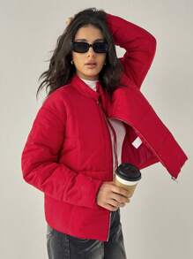 Forever 21 Women's Casual Zip-Up Stand Collar Padded Coat, Warm For Autumn/Winter - Red - View 5