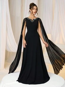 SHEIN Belle 女士奢华针织黑色拼色腰部镶宝石 A 字形正式晚礼服礼服提花连衣裙情人节连衣裙情人节连衣裙黑色鸡尾酒会礼服女士圣诞节黑色晚礼服正式派对礼服秋冬黑色性感网眼长袖伴娘礼服，优雅舞会礼服，适合婚礼嘉宾，毕业典礼，晚宴 - 黑色 - 查看 6