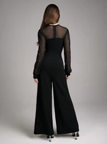 Teen Girl Elegant Party Prom Faux Pearl & Mesh Contrast Jumpsuit