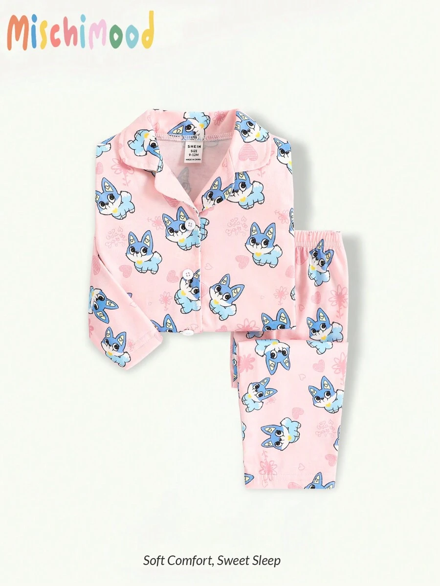 2 piezas Pijama casual de niña bebé/pequeña con estampado de animal lindo, conjunto de top de manga larga y pantalones con fondo rosa, ropa cómoda para estar en casa - Rosa - Ver 1