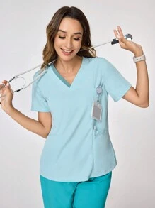 SHEIN TaskFit Contrast V-Neck Patchwork Pocket Short Sleeve Scrub Uniform Top - Mint Green - View 6