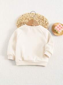 Cozy Pixies 女婴草莓图案圆领长袖插肩休闲简约毛绒刺绣套头衫，温暖舒适，保暖内衬，百搭运动休闲百搭上衣，杏色 - 杏色 - 查看 2