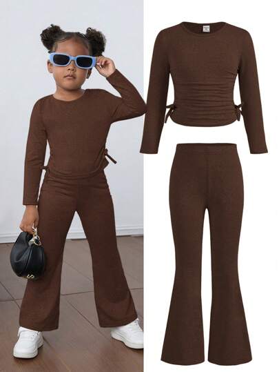 SHEIN Young Girls' Casual Floral Gray Round Neck Ruched Long Sleeve Fitted Knit Top And Flare Pants Set, Suitable For Home And Outdoor ,Travel Outfit Airport