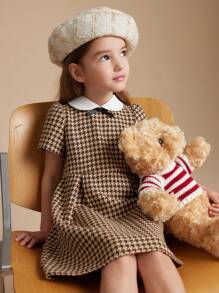 PrepCrw Abito da college a vita alta con motivo pied-de-poule, stile autunnale/invernale per ragazze giovani, con colletto a contrasto di colore - Caffè - Visualizzare 10